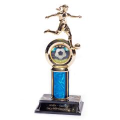 Girls Dribbling Soccer Trophies with blue prism column