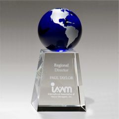 Blue Globe Award - engraving option direct on the base with frosted white text