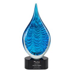 Blue Rain Drop Glass Award - laser engraved