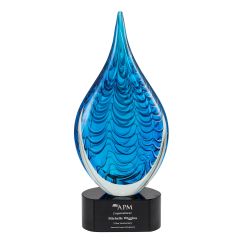 Blue Rain Drop Glass Award - laser engraved