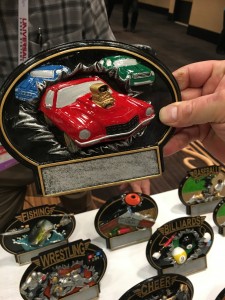 Burst Thru resin awards feature bright colors and fun designs, such as this one for car shows!