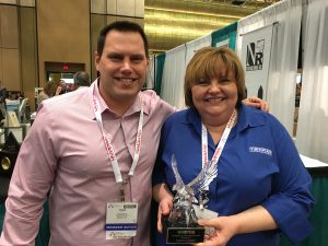 Our Production Manager Tom with his favorite supplier, Kathy Woods from Tropar.